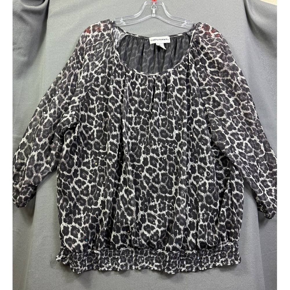 Cathy Daniels Women's 3X Leopard Print Sequin Smocked Hem Blouse Grey Black Top
